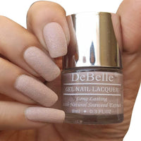 DeBelle Gel Nail Polish Aries (Light Dusty Pink Glitter Nail Paint)|Non UV - Gel Finish |Chip Resistant | Seaweed Enriched Formula| Long Lasting|Cruelty and Toxic Free| 8ml