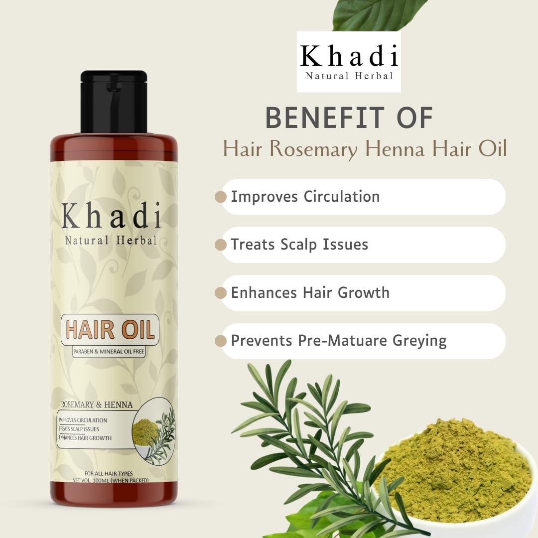 Khadi Natural Herbal Rosemary And Henna Hair Oil | Enriched With Amla & Bhringraj Extract Strengthen & Nourished Hair | Improve Circulation & Treat Scalp Issues | Pure & Natural Paraben & Mineral Oil Free Rosemary Oil 100ml