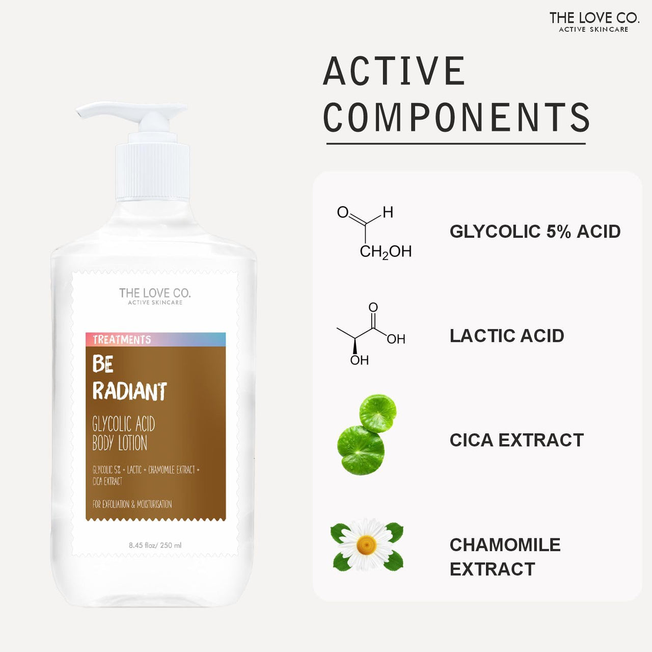 THE LOVE CO. 5% Glycolic & 2% Lactic Acid Exfoliating Body Lotion - With Jojoba & Shea Butter - Soothing Chamomile & Cica - Vitamin E - For Brighter Skin - Active Skincare - 250ml