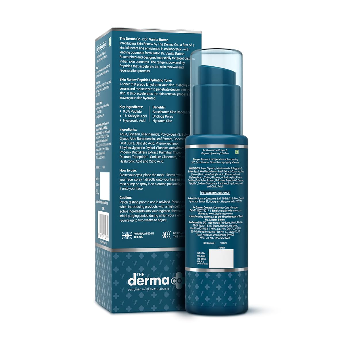 The Derma Co. X Dr.V Skin Renew Peptide Hydrating Toner With Hyaluronic Acid - 100 Ml, 1% Salicylic Acid, Unclogs Pores, Alcohol-Free