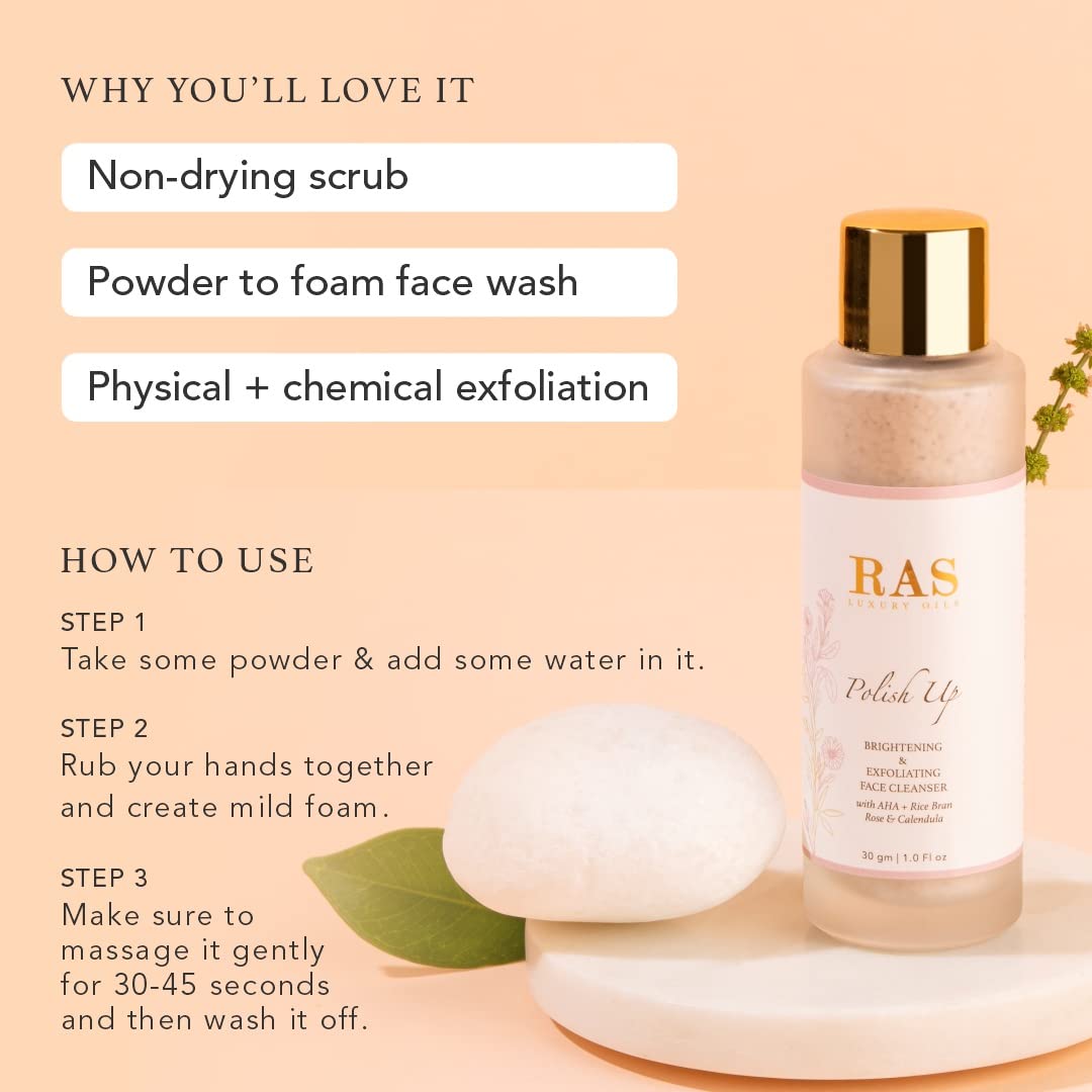 RAS Luxury Oils Polish Up Brightening & Exfoliating Face Wash Cleanser | With AHA, Rice Bran, Rose & Calendula | Removes Dirt & Dead Skin Cells | Gently Exfoliates & Brightens Skin | 30 gm