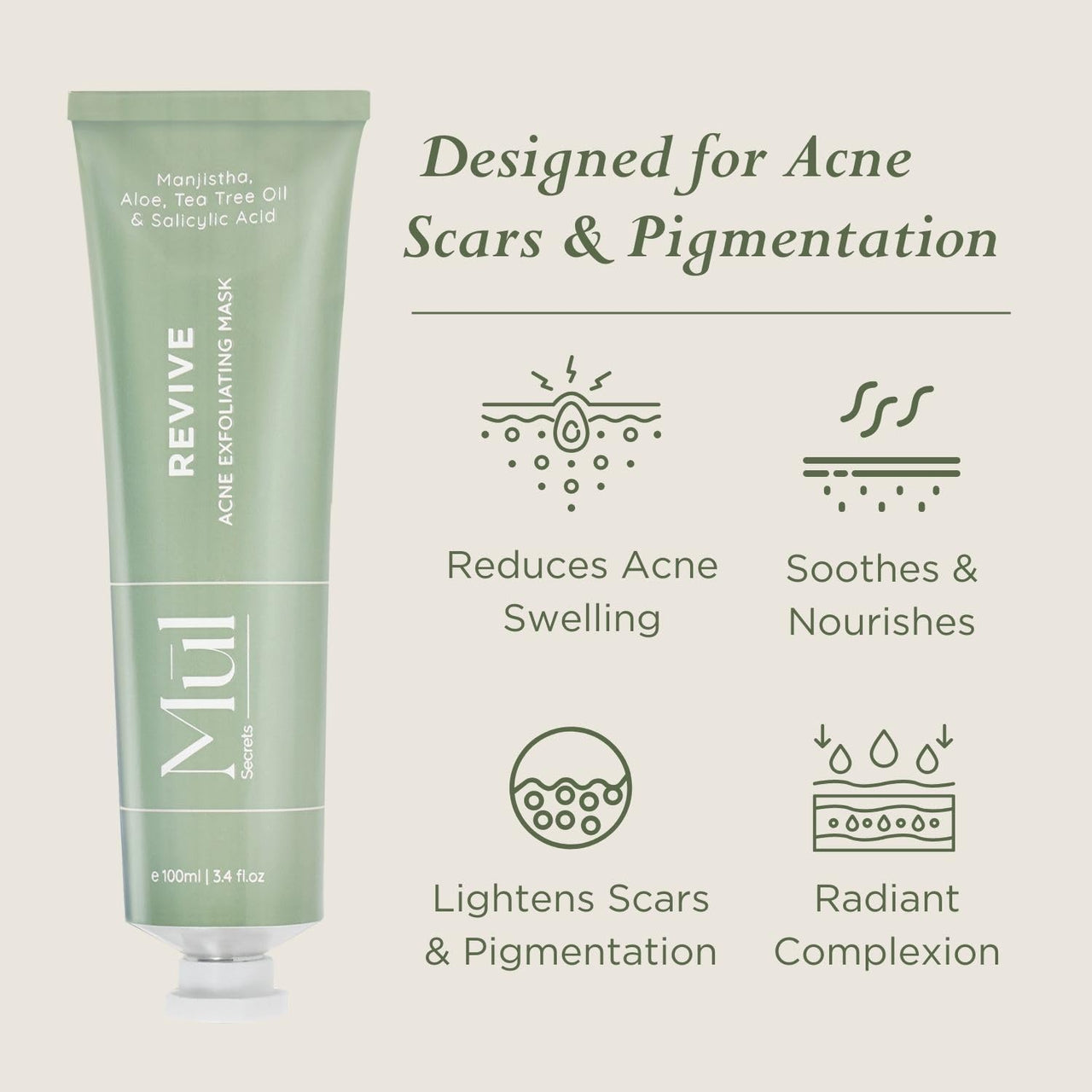 Mul Secrets 100 ml Revive Acne Facemask & Scrub | Acne Reduction, Acne Scar, Sebum Control, Helps Control Skin Oiliness & Dark Spots & Pimples | Manjistha, Aloe Vera, Salicylic acid 2% (30+ Uses)