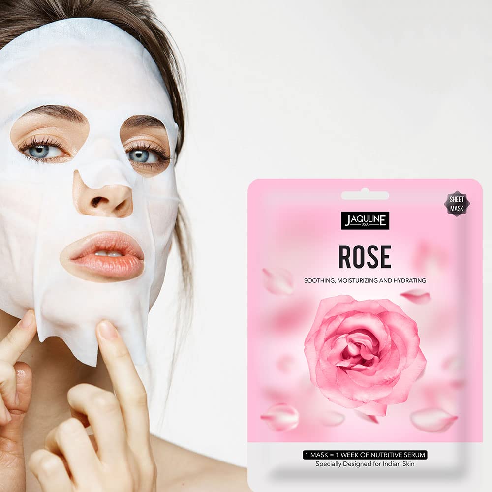 Jaquline USA Rose Sheet Mask| Zero Paraben And Sulphate| Biodegradable Ber Masks| Light-Weight| Hydrating And Skin Firming, 1 Count