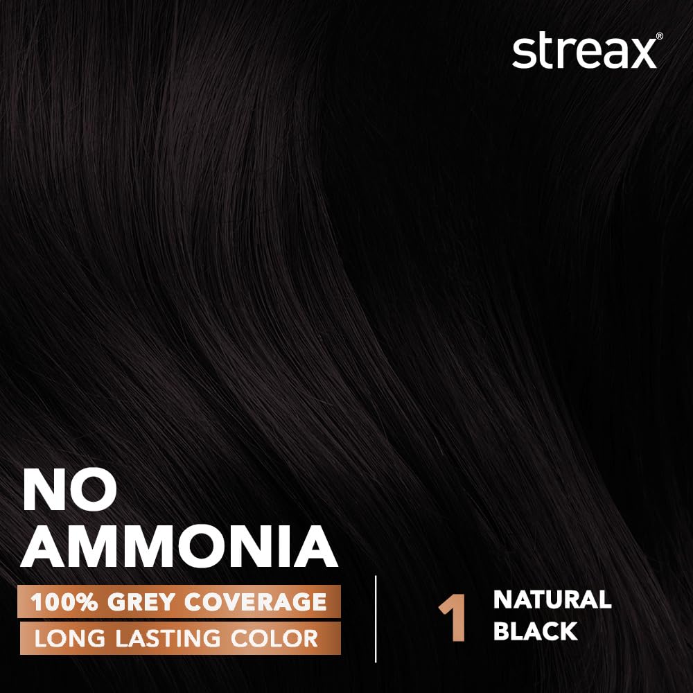 Streax Crème Permanent Hair Colour - 1 Natural Black Hair Colour- 140 ml, 100% Grey coverage, Ammonia Free Hair Color, Long Lasting Hair colour for women(Colourant Tube 60g,Developer Bottle 60ml,Conditioner 20g)