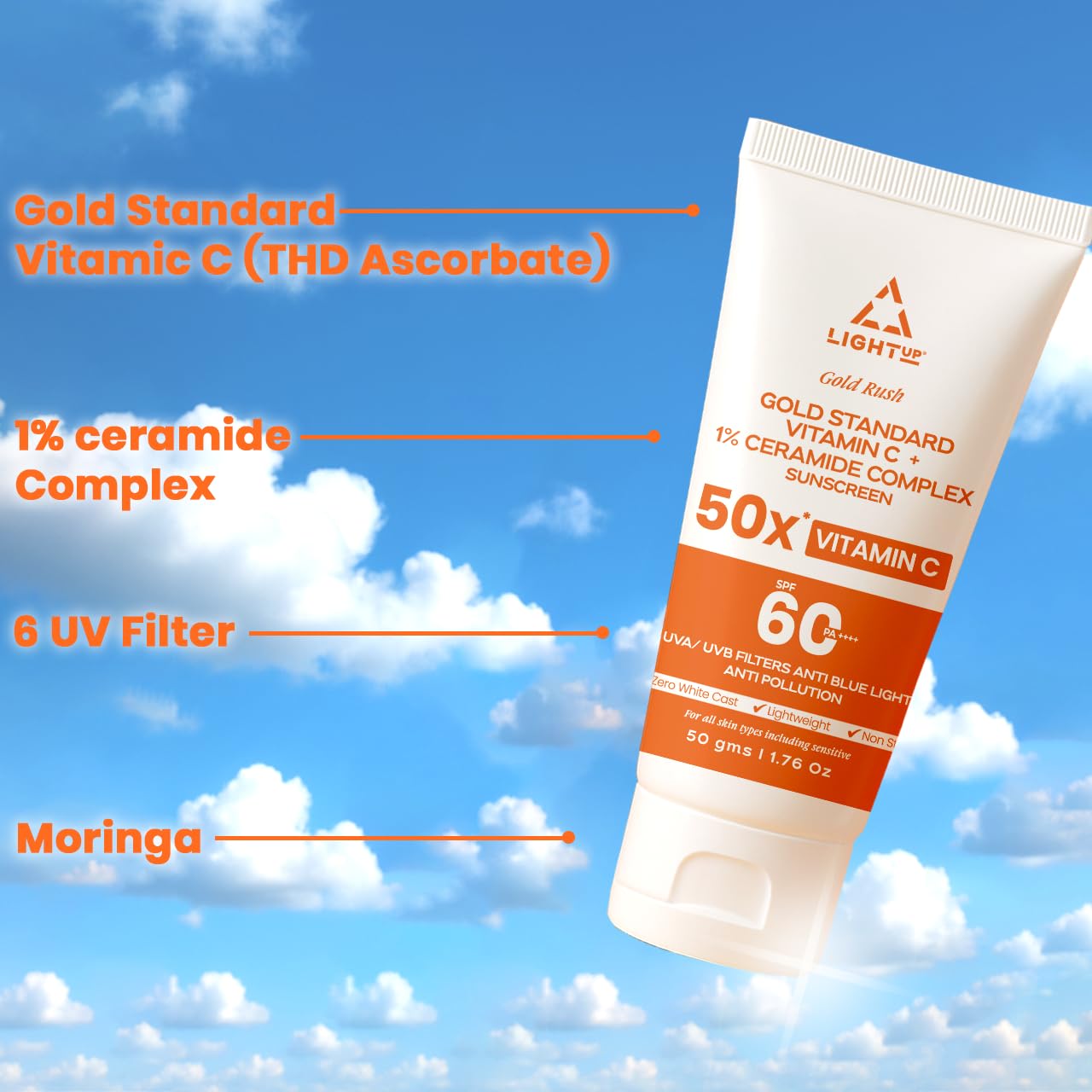 Light Up Gold Rush Gold Standard Vitamin C + 1% Ceramide Complex Sunscreen, Spf 60 Pa ++++, Uva/Uvb Filters Anti Blue Light Anti Pollution - 50G|For All, Normal, Oily, Dry, Sensitive Skin Types