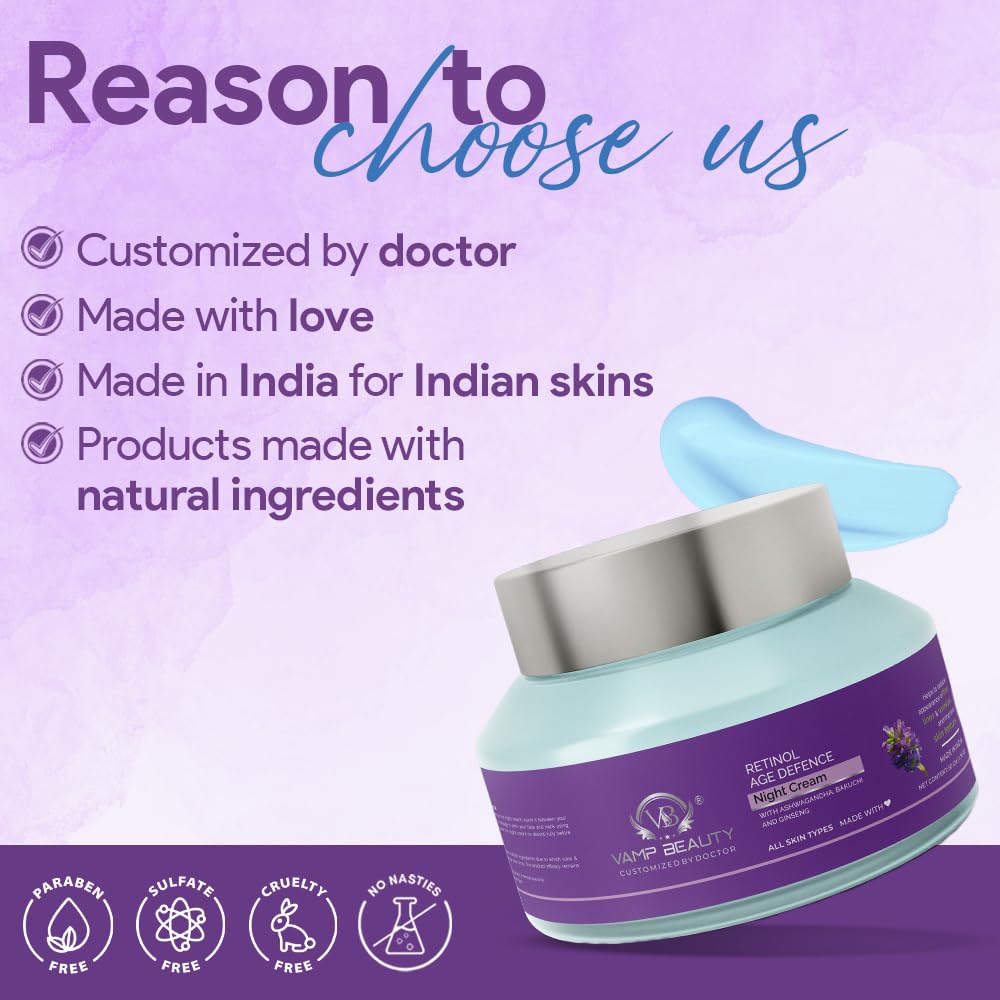 Vamp Beauty Anti-Aging Retinol Night Cream | Enriched with Ashwagandha Bakuchi Ginseng | Smooths Wrinkles & Fine Lines | Lightweight & Non-Greasy | For All Skin Types | 50g