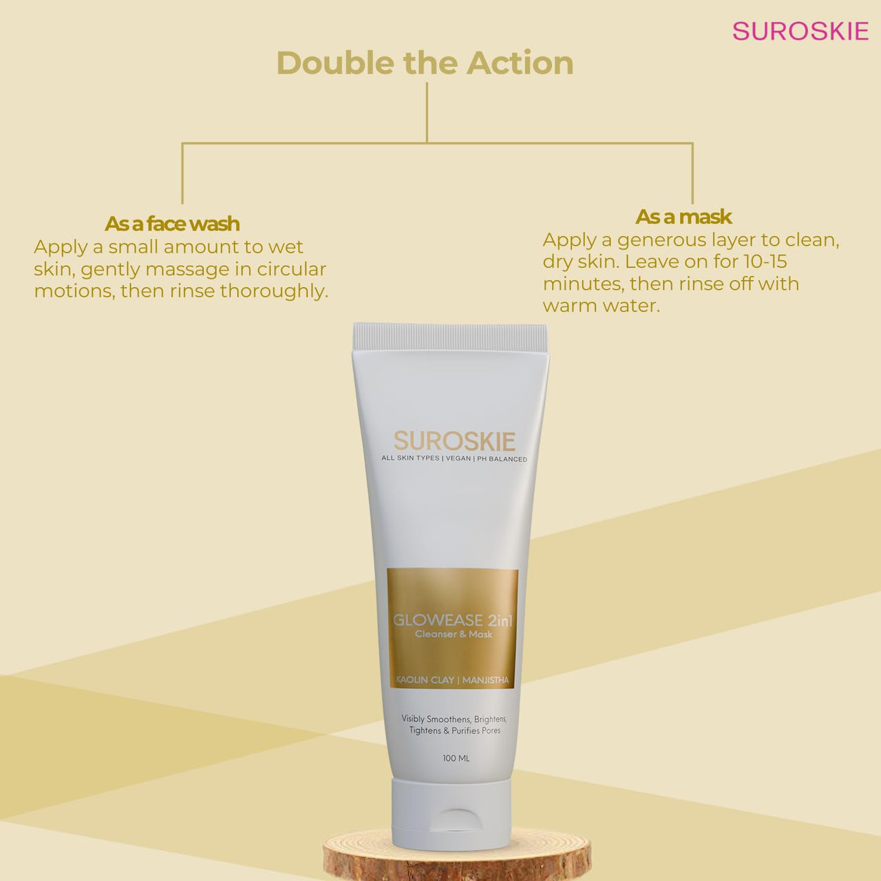 Suroskie Glowease 2-In-1 Cleanser & Mask 100 Ml | Aloe Vera & Kaolin Clay | Deep Cleansing Face Wash For Hydrated, Glowing & Brighten Skin | Korean Skincare Product For Sagging & Dullness Men & Women