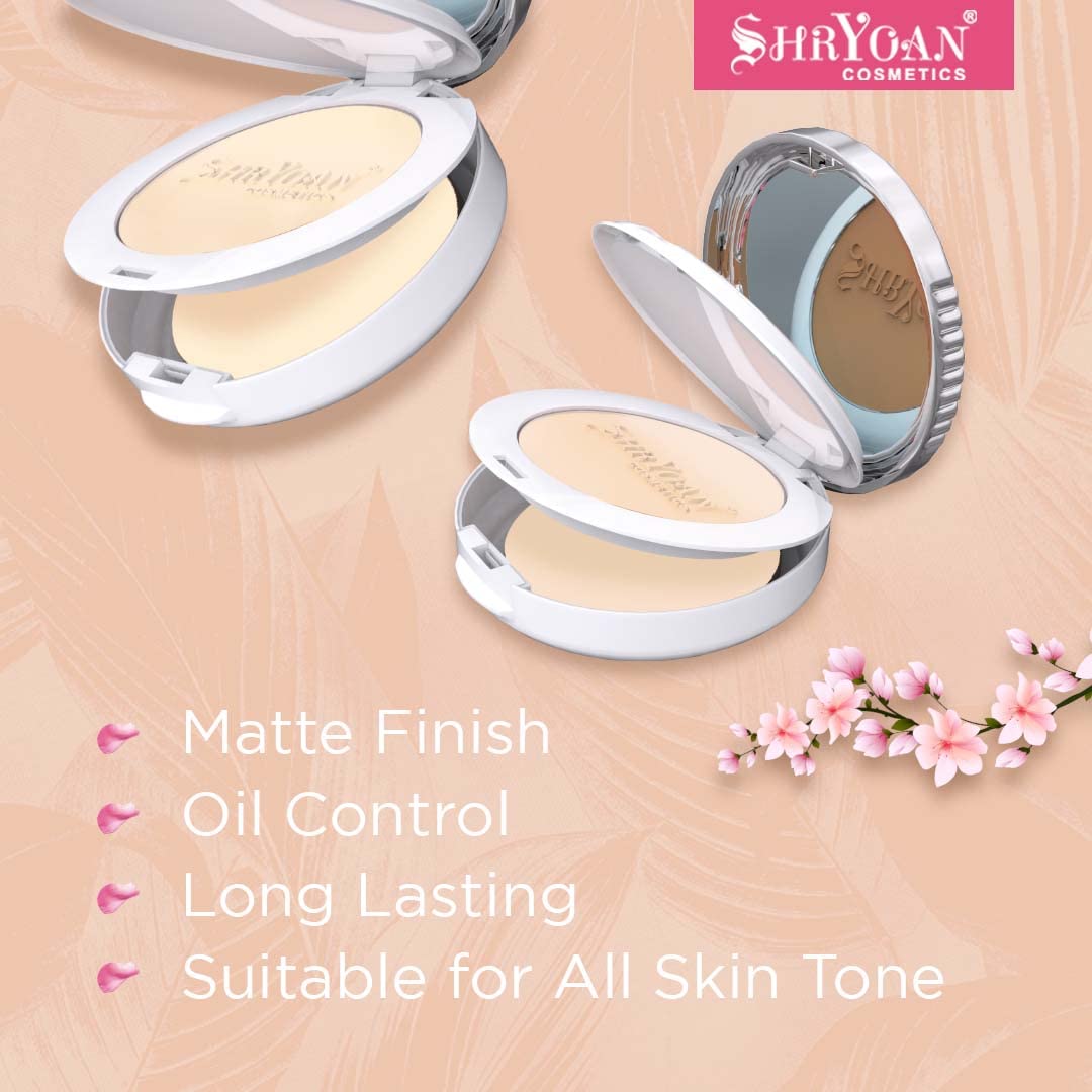 Shryoan 2 in 1 Oil Control Compact Powder| Hides Imperfections, Blends Effectively, Matte Finish With Soft & Silky texture and Pressed Powder for All Skin Types (23g) Shade 01