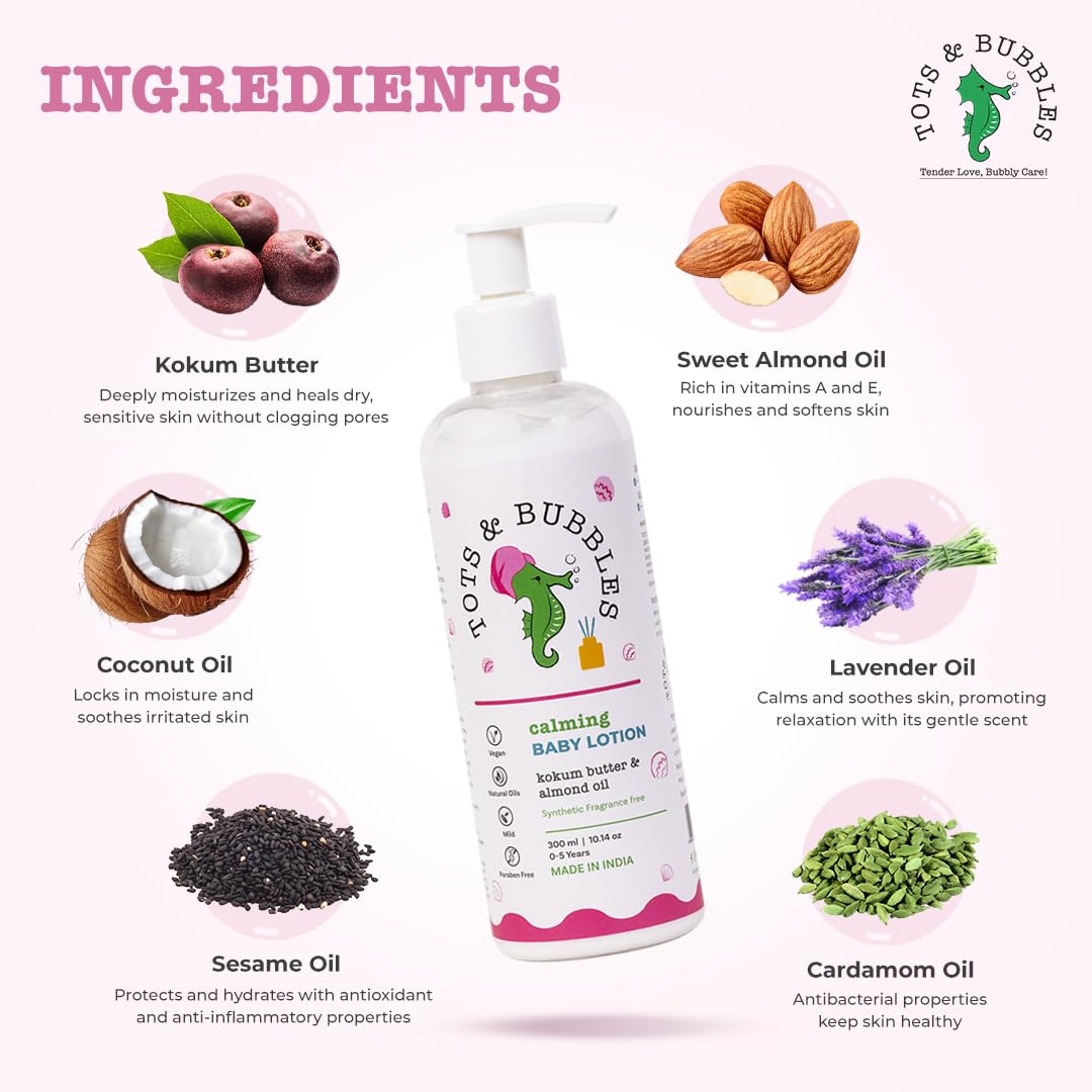 Tots & Bubbles Calming Baby Body Moisturizing Lotion – 300ml | Pediatrician Recommended Baby Cream | Kokum Butter & Sweet Almond Oil | Helps in Skin Nourishment | Coconut & Cardamom Oil, Konjac Root Extracts | No Artificial Fragrance, 0-5 years