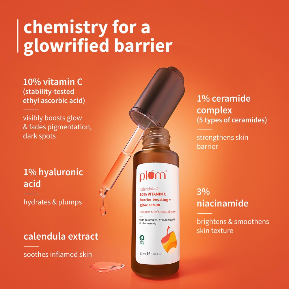 Plum Calendula & 10% Vitamin C Barrier Boosting + Glow Serum | Boosts glow | Ceramides strengthens skin barrier | Niacinamide fights pigmentation & dark spots | Non-irritant| Men & Women | For all skin types | 30ml