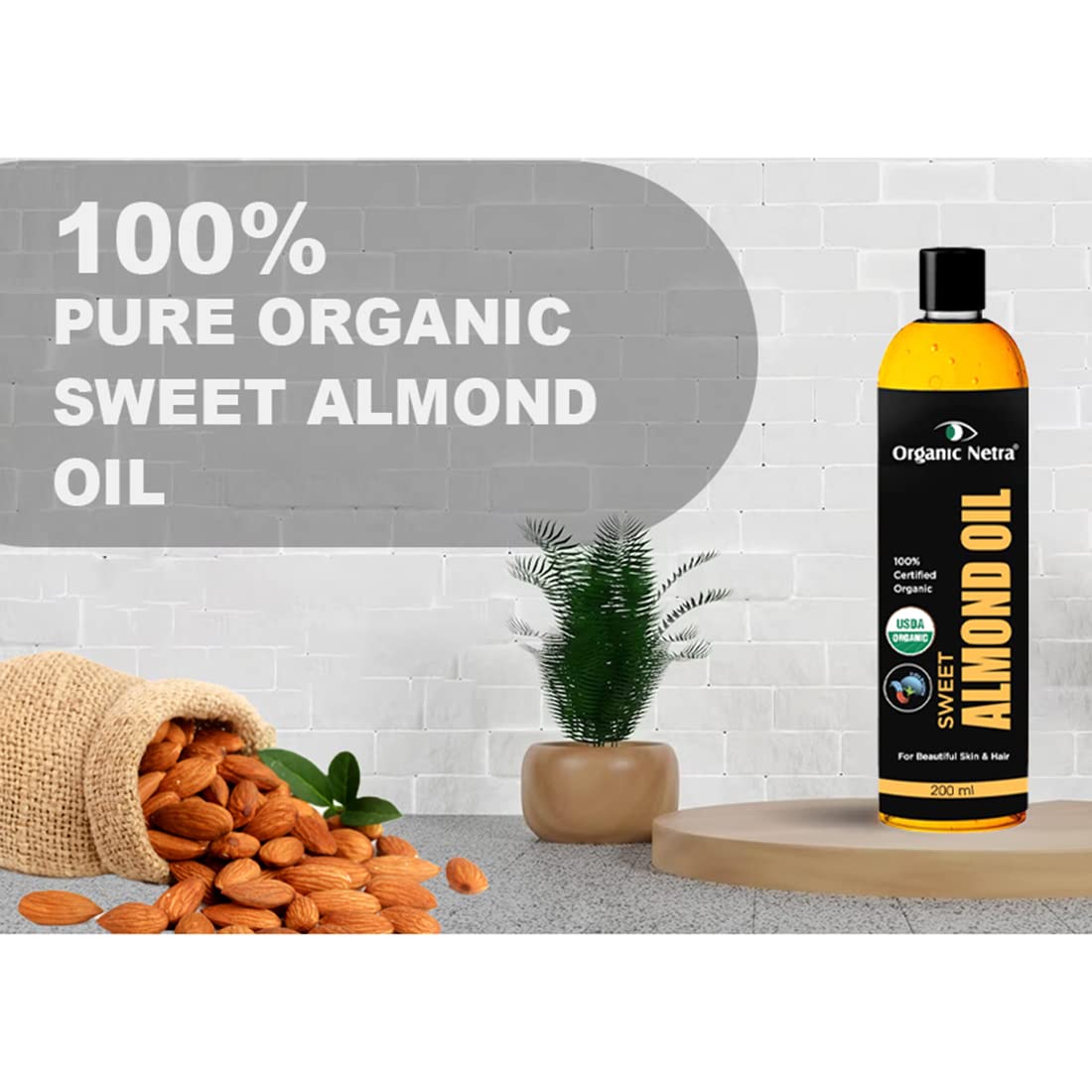 Organic Netra Sweet Almond Oil for Hair and Skin | Pure and Safe | Nourishes Dry and Dull Hair | Enrich with Vitamins and Minerals | Paraben Free | For All Skin Types - 200 ml