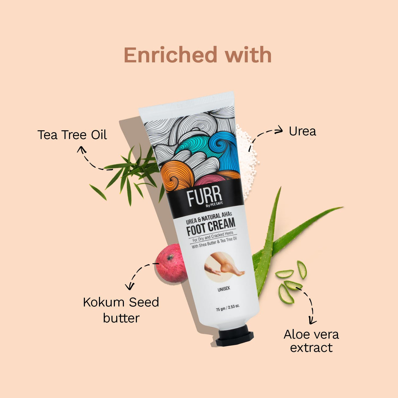 FURR By Pee Safe Urea & Natural AHAs Foot Cream | Unisex | For Dry & Cracked Heels | Deeply Hydrates, Repairs & Exfoliates | Shea Butter | Tea Tree Oil | Aloe Vera Extract | 75g