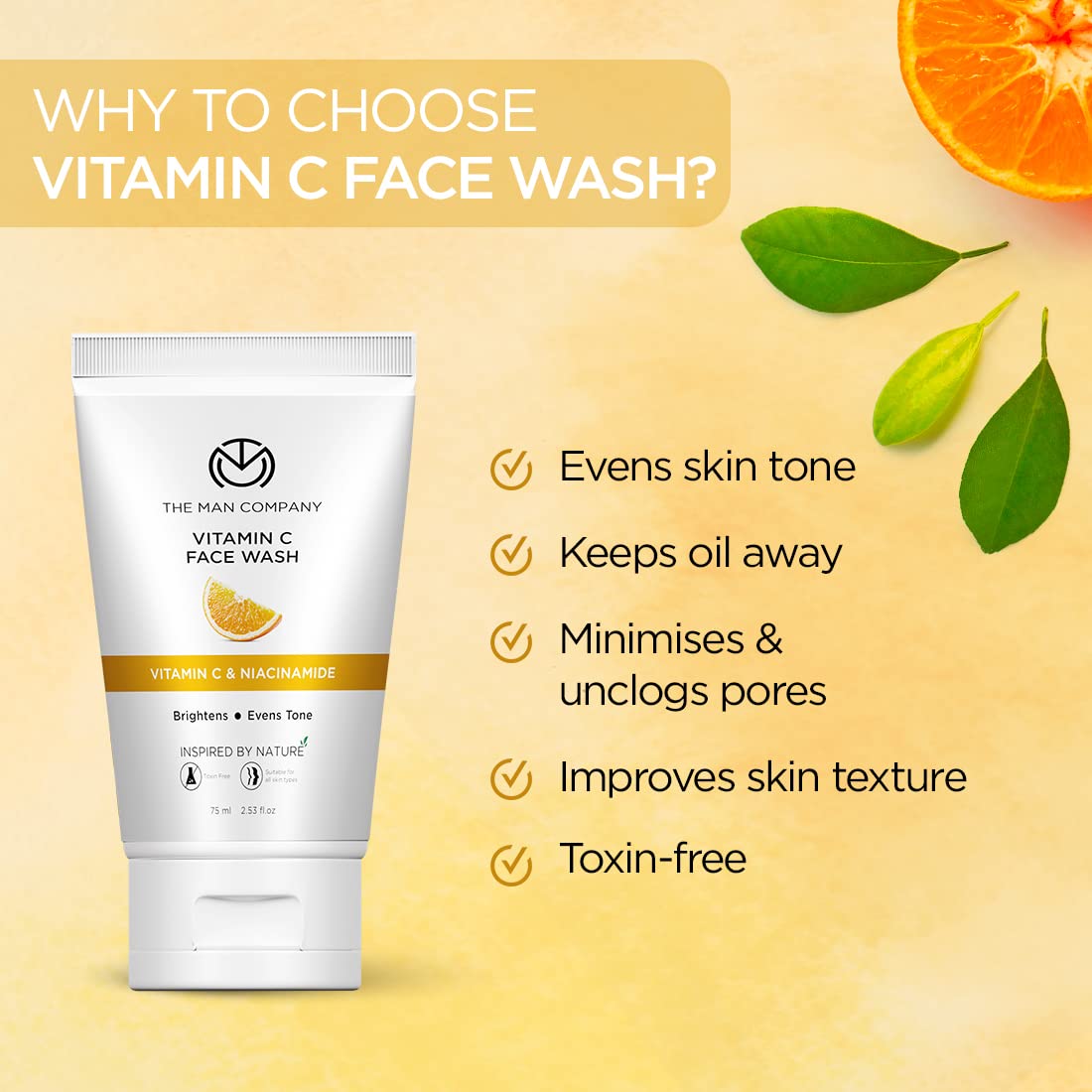 The Man Company Skin Brightening (Buy 1 Get 1) Vitamin C Face Wash- 75 ml Each with Turmeric and Niacinamide For Clean, Bright & Soft Skin I Oil Free Look I Unclog Pores,Instant Glow