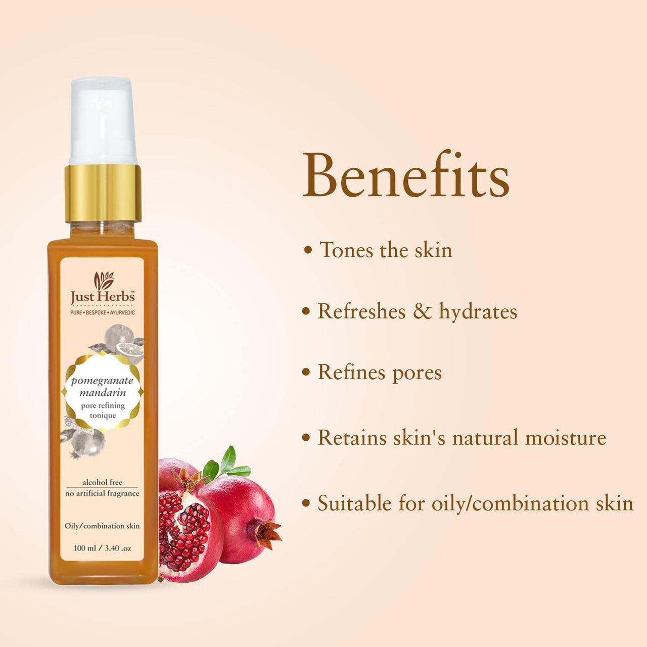 Just Herbs Ayurvedic Pomegrante Alcohol Free Facial Toner For Pores Tightening Suitable for Oily and Combination Skin - Men & Women