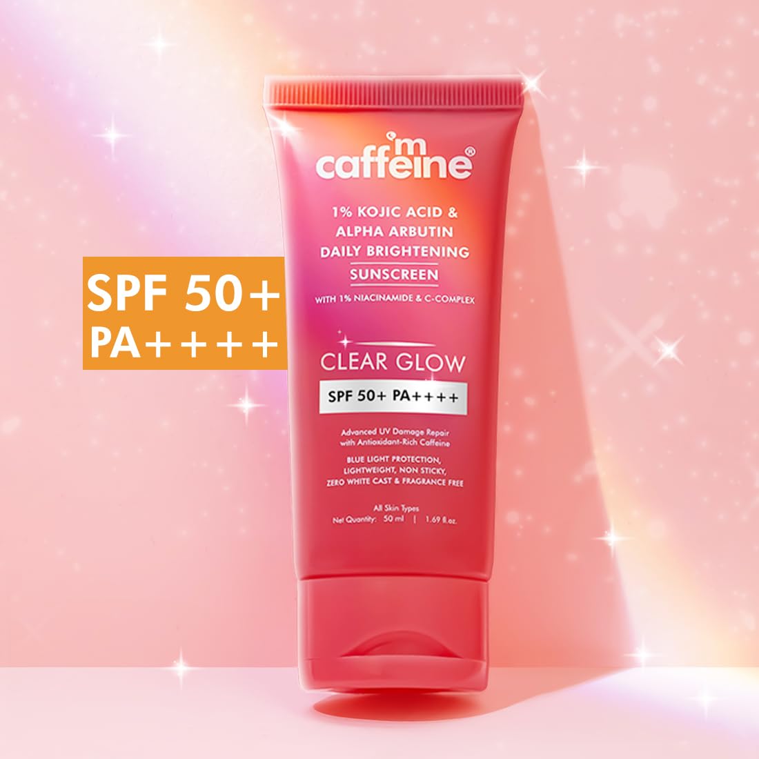 mCaffeine CLEAR GLOW 1% Kojic Acid & Alpha Arbutin Brightening Sunscreen SPF 50 PA++++ |Niacinamide-Dark Spots & Pigmentation| UVA-B Sun Protection|For Men & Women - 50ml For All Skin Type