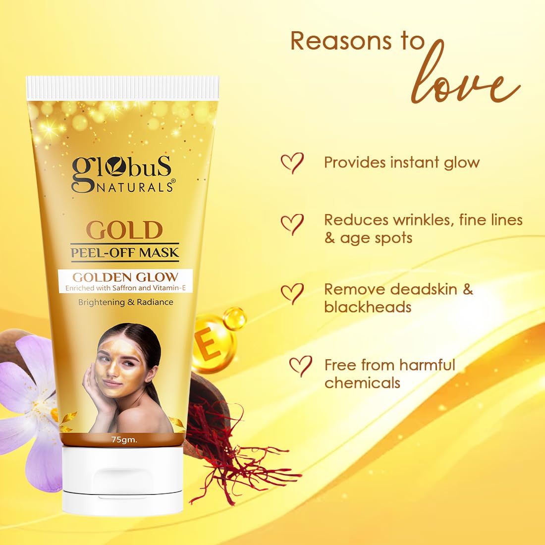 Globus Naturals Gold Peel Off Mask For Golden Glow, Enriched with Saffron & Vitamin-E, Brightening & Radiance, Suitable For All Skin Types, 75 g (Pack of 5)