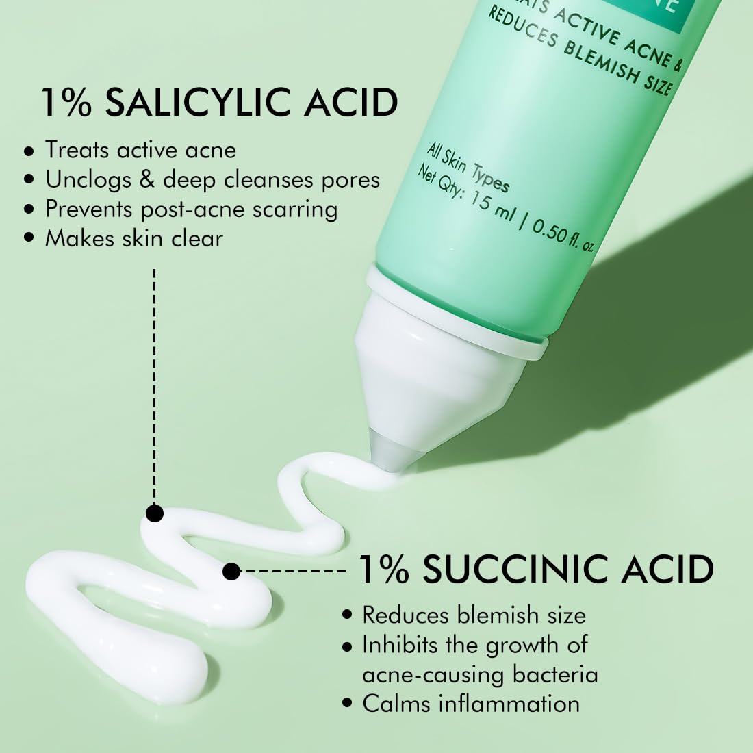 mCaffeine 1% Salicylic Acid Acne Arrest Spot Corrector with 1% Succinic Acid & Matcha Tea | Anti Acne Gel for Active Acne & Acne Scars | Reduces Acne Size & Redness | Soothing & Non-Drying for both Women and Men - 15 ml
