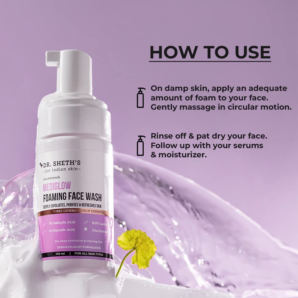 Dr. Sheth's Mediglow AHA-BHA Foaming Face Wash For Glowing Skin | Deeply Cleanses, Exfoliates & Unclogs Pores | With 1% Salicylic Acid, 0.5% Lactic Acid | For All Skin Types | For Women & Men | 100 mL