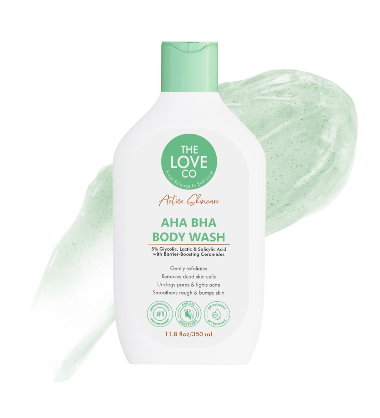 THE LOVE CO. AHA BHA Body Wash | 5% Glycolic, Lactic & Salicylic Acid | Gently Exfoliates, Fights Acne & Unclogs Pores | With Barrier-Boosting Ceramides | Sulphate-Free | Unisex | 350ml