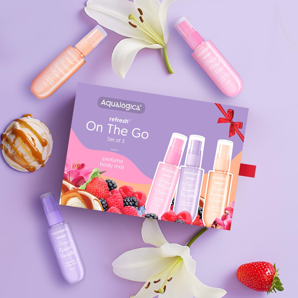 Aqualogica Refresh+ On the Go Set of 3 Perfume Body Mist | Travel Friendly | Long Lasting | Warm, Sweet & Floral Fragrance | Double Duty Mist for Hair & Body | Gifting For Valentine's Day, Birthday, Anniversary & Special Occasions | Premium Gift Pack | 20