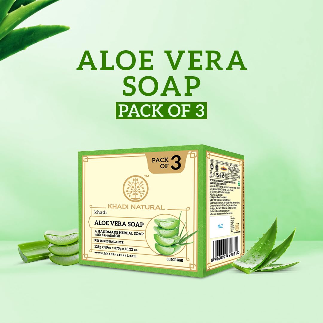 Khadi Natural Aloe Vera Soap|Natural Handmade Soap|Herbal Bathing Soap For Healthy Skin|Natural Soap With Essential Oils|Soap For Soft Skin|Suitable For All Skin Types|Pack Of 3|(125Gm*3) (375Gm)