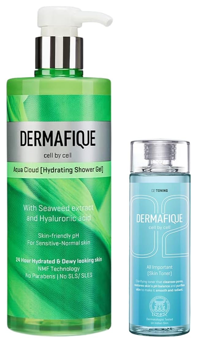 Dermafique Aqua Cloud Hydrating Shower Gel – 500ml Body Wash for Women & Men with Seaweed Extracts & Hyaluronic Acid Suitable for Sensitive Normal Skin All Important Skin Toner – 150ml Toner