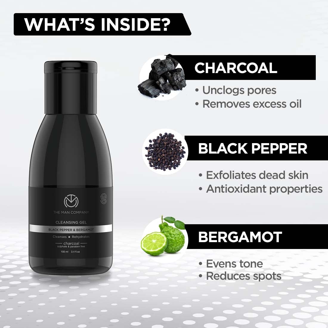 The Man Company Activated Charcoal Tan Removal Cleansing Gel for Oil Control & Glowing Skin | Black Pepper & Bergamot | 100ml