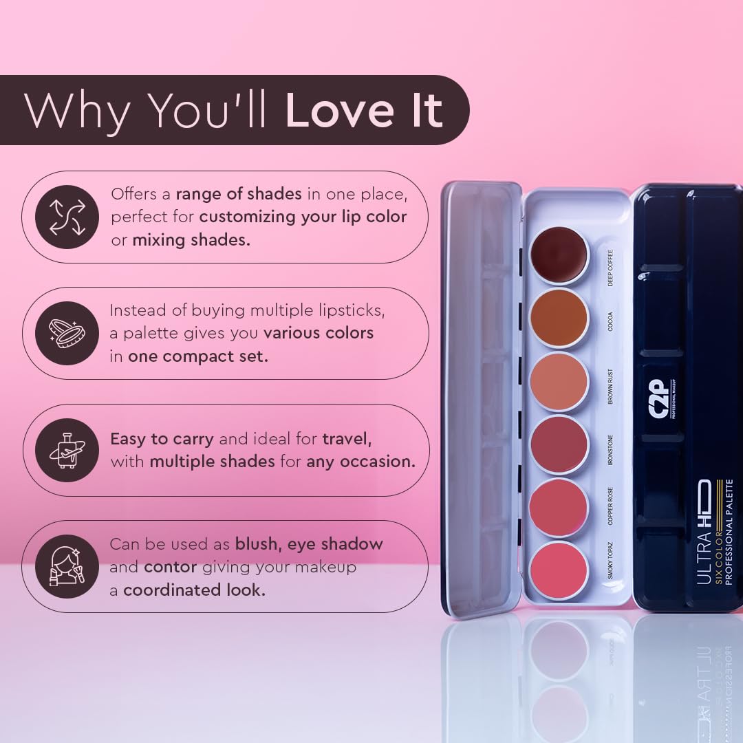 C2P Pro 6-Shade Lipstick Palette for Women (21g) – Nude Creamy Matte Lip Colors | Blusher & Contour | Waterproof, Lightweight, Long-Lasting & Hydrating Lipstick Kit (Nude Whisper)