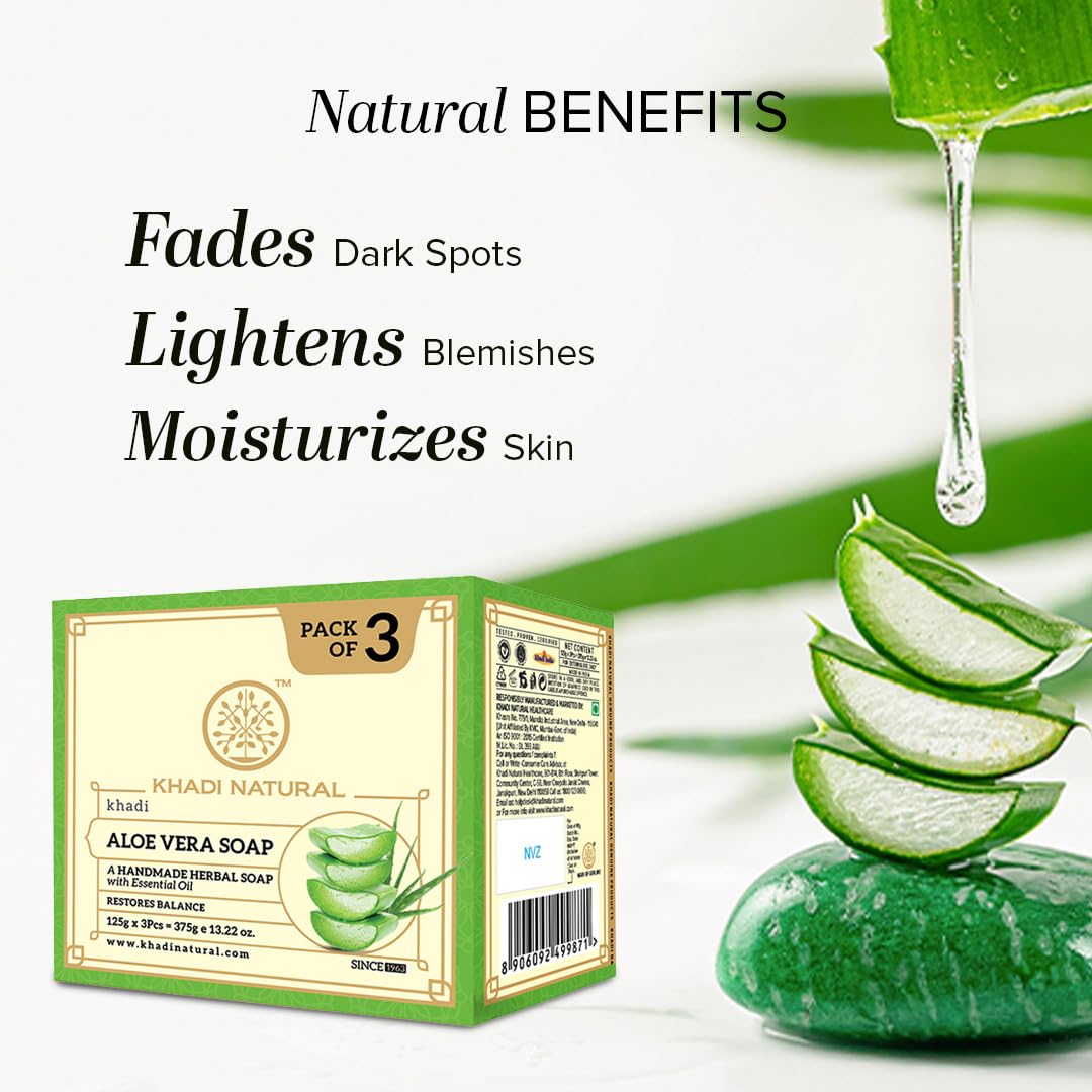 Khadi Natural Aloe Vera Soap|Natural Handmade Soap|Herbal Bathing Soap For Healthy Skin|Natural Soap With Essential Oils|Soap For Soft Skin|Suitable For All Skin Types|Pack Of 3|(125Gm*3) (375Gm)