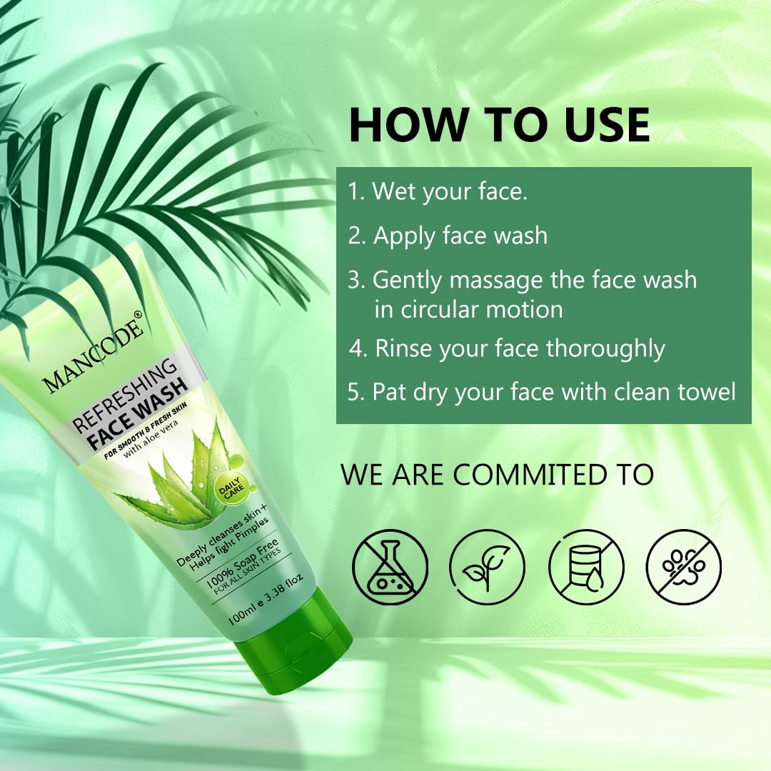 Mancode Refreshing Face Wash 100ml with Aloe Vera | Deep Cleansing & Pimple Fighting | Removes Dirt & Oil for Smooth, Fresh Skin | 100% Soap-Free Face Wash for Men & Women