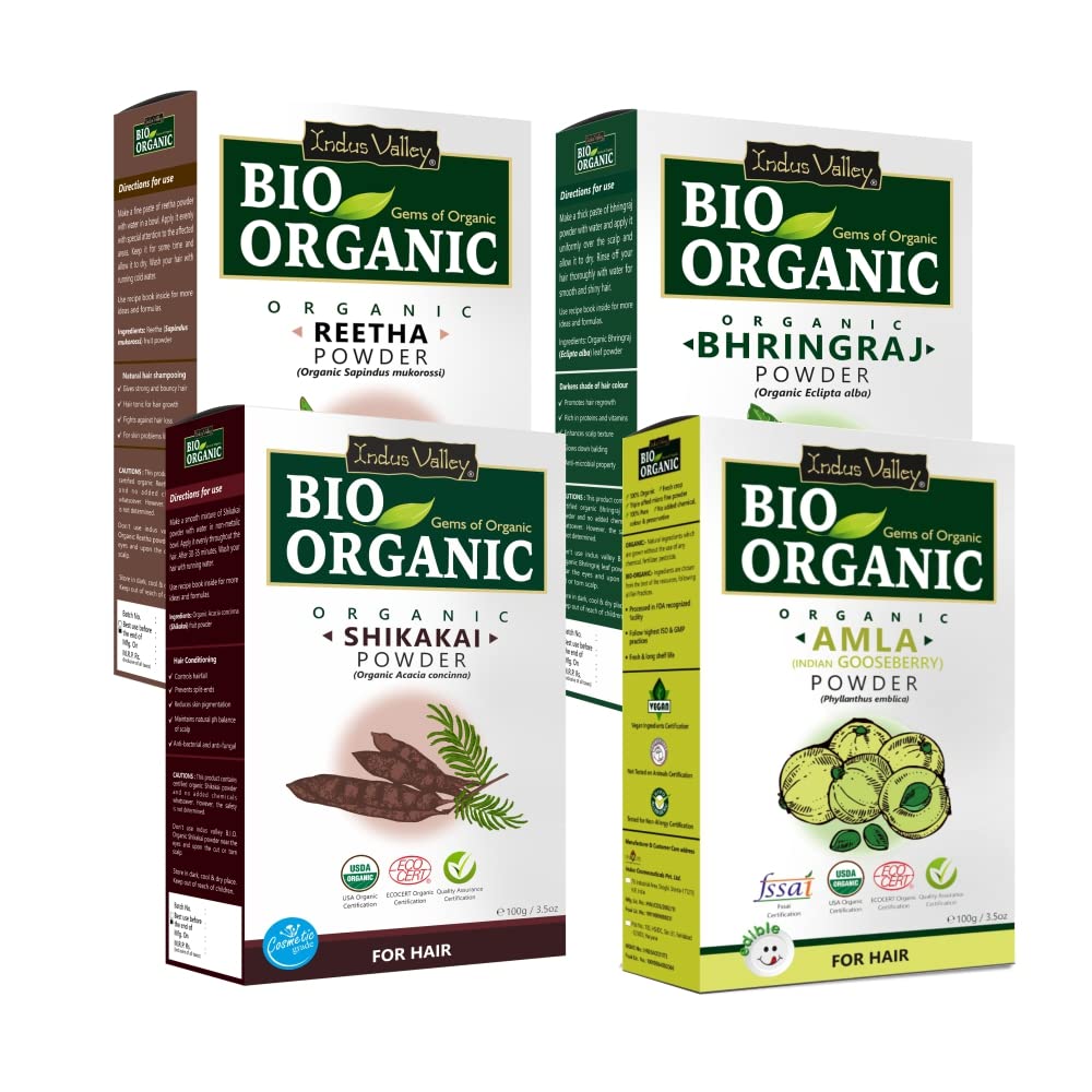 INDUS VALLEY Organic Amla Powder Indian Gooseberry, Shikakai Powder Acacia concinna, Reetha Powder Sapindus mukorossi and Bhringraj Powder Eclipta alba for, Hair and Skin Care (100x4 = 400g) - Green