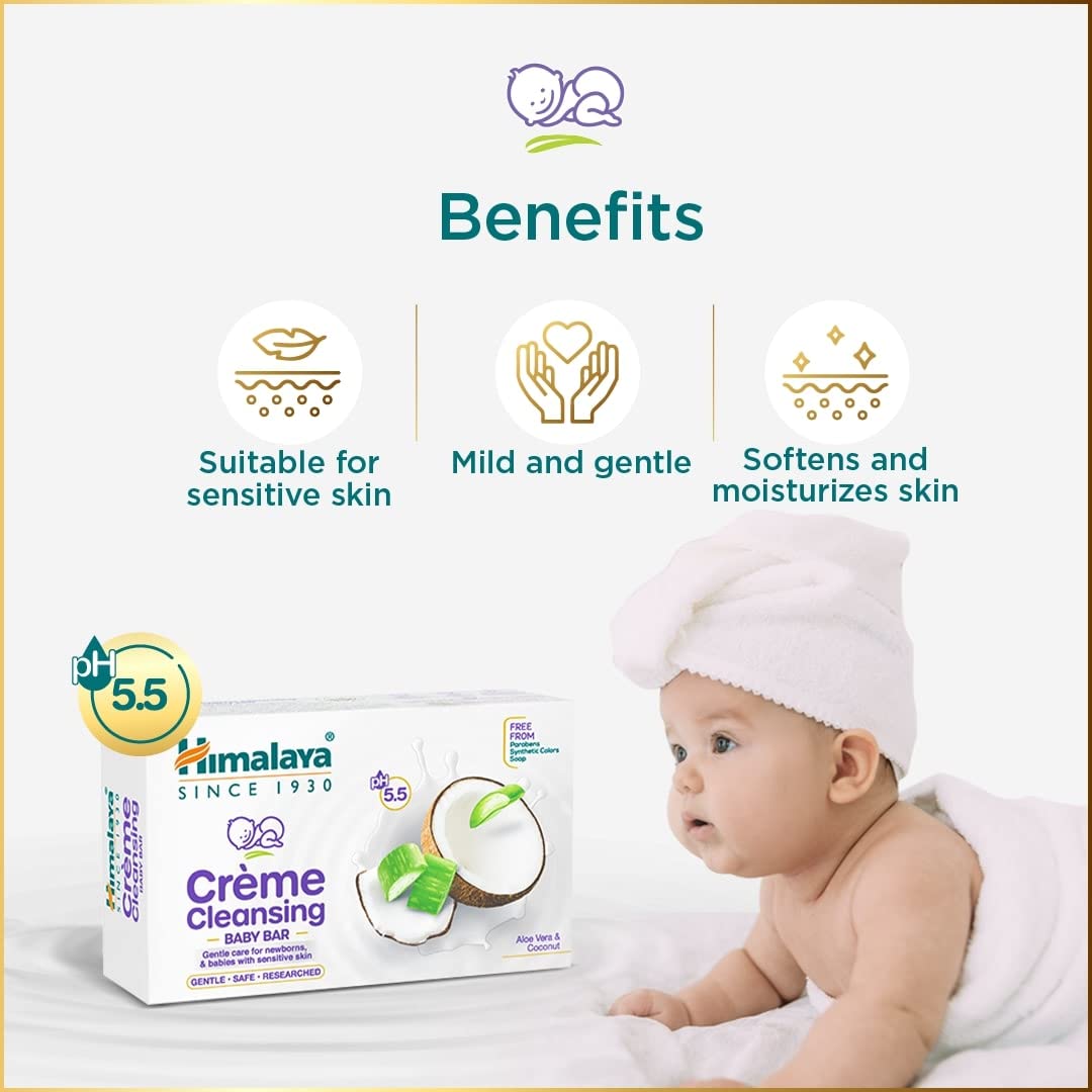 Himalaya Creme Cleansing Baby Bar 125G| pH 5.5|with Coconut milk Protein and Aloe vera|Soap Free|Dermatologically tested |For New borns|For Baby's  sensitive skin| No Parabens|No Synthetic Colors