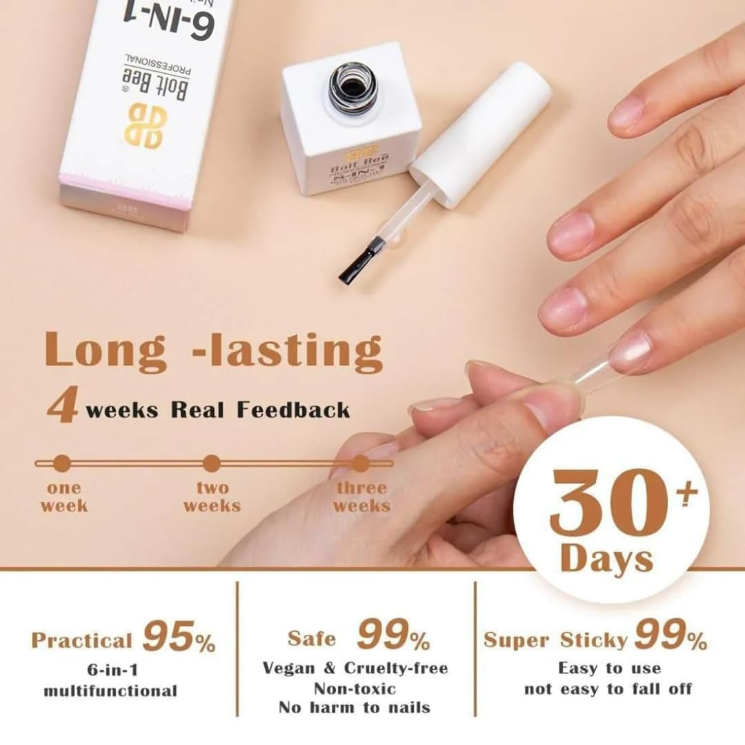 Bolt Bee 6-in-1 Glue 15ml – Base Coat, Nail Glue, Strengthener, Self-Leveling Gel, Slip Solution & Blooming Gel – Soak Off UV/LED Multi-Functional for Nail Art & Extensions