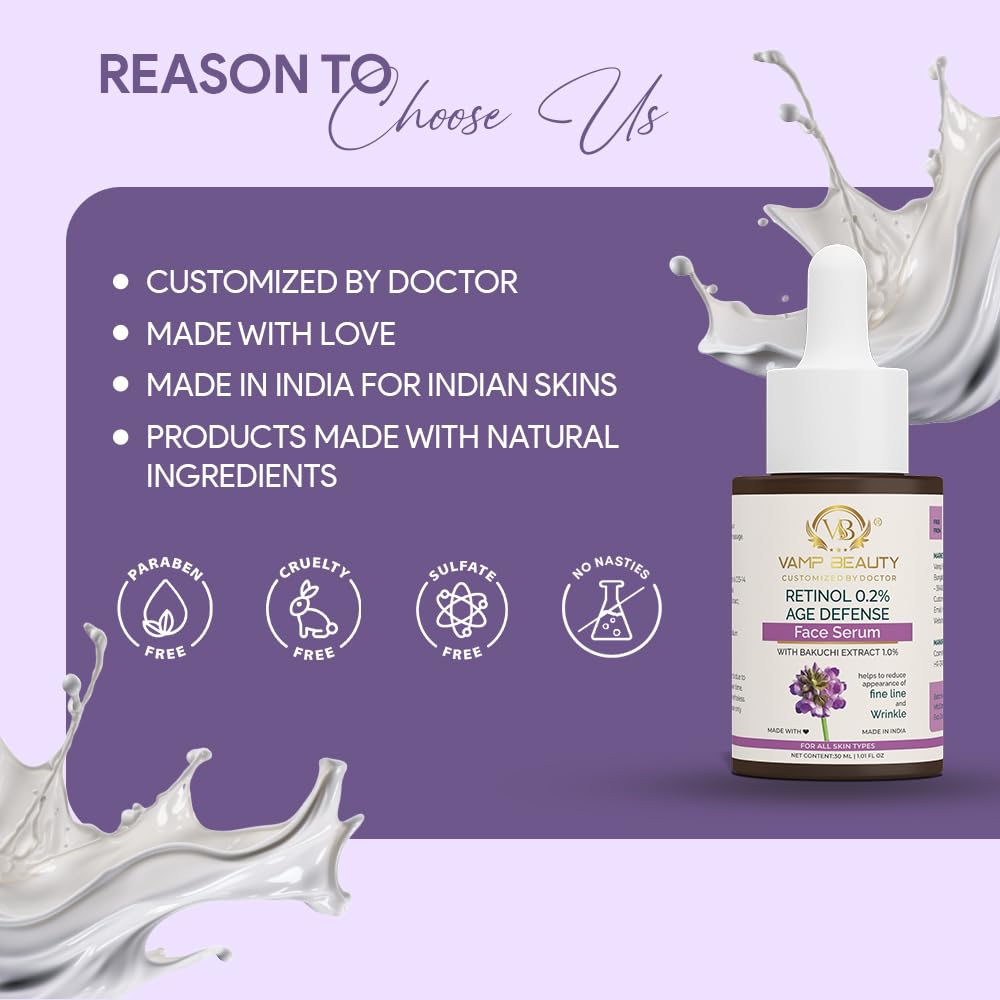 Vamp Beauty Anti-Aging Retinol Face Serum with Bakuchi Extract | Targets Wrinkles & Dark Spot | Improves Skin Firmness and Texture | For All Skin Types | 30ml