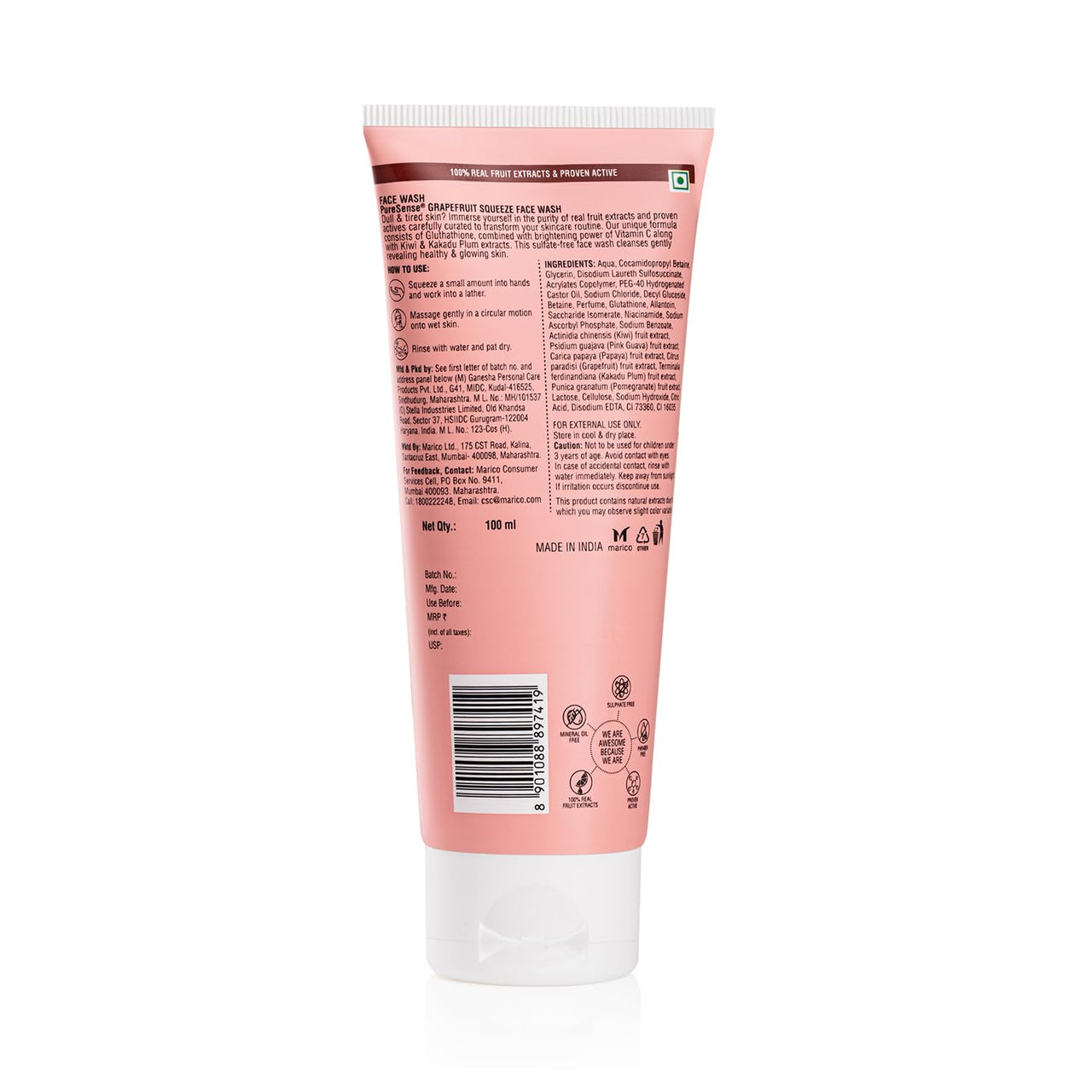 PureSense Grapefruit Squeeze Face Wash with Glutathione + Vitamin C and Vitamin B3 | Kiwi & Kakadu Plum | Fights dullness and Reveals Radiant Glow | For Men & Women - 100ml
