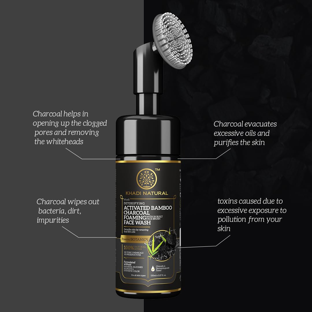 Khadi Natural Activated Bamboo Charcoal Foaming Face Wash With In- Built Face Brush | Anti-Pollution Face Wash| Face Wash for Removing Dead Skin Cells|Powered Botanics|150ml