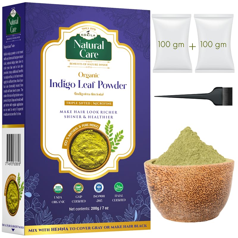 Kokila Indigo Powder 100% Naturals & Organic Hair Coloring, Protects hair from Damage, Dark Brown Color - 1 Box (2 Pouches - 100Gm each) 200Gm
