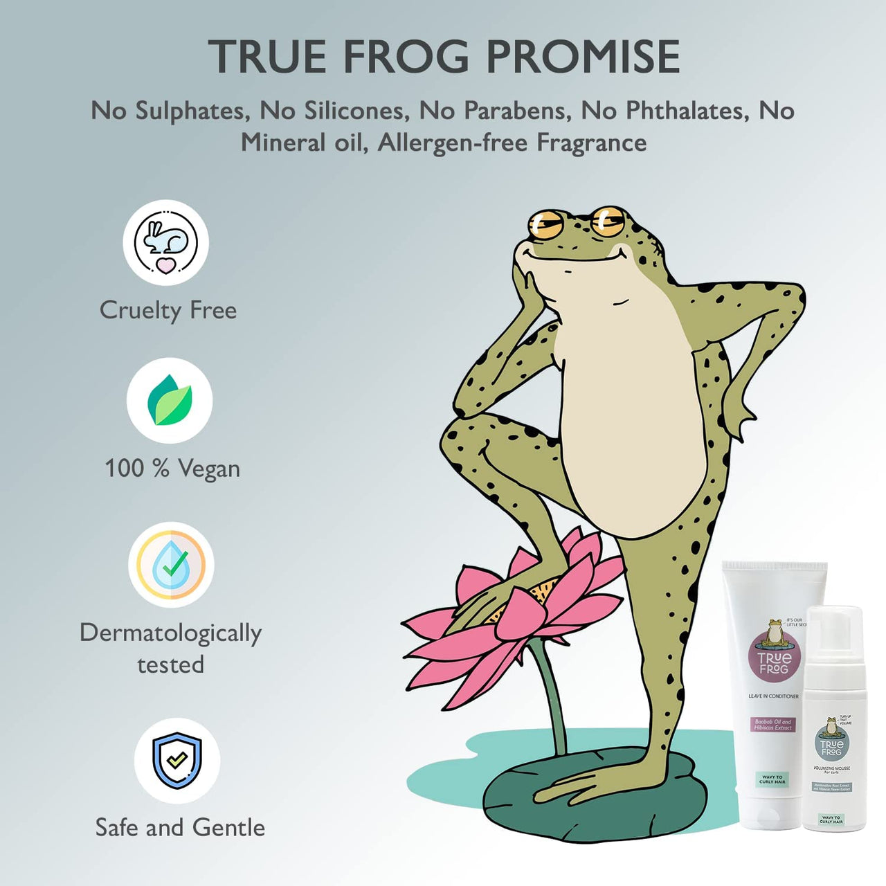TRue FRoG Leave-in Conditioner - 200g and Volumizing Hair Mousse- 150ml For Moisturization and Definition, with Boabab Oil and Hibiscus Extract For Curly and Wavy Hair (Combo Pack of 2)