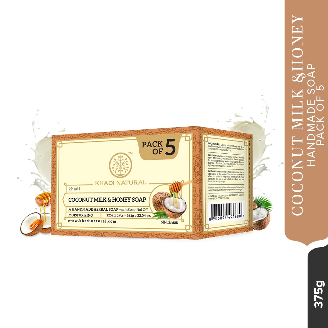 Khadi Natural Herbal Coconut Milk & Honey Soap |Herbal Bathing Soap for Glowing Skin| Long Lasting Hydration | Suitable for All Skin Types| (Pack of 5) (5x125 g) (625 g)