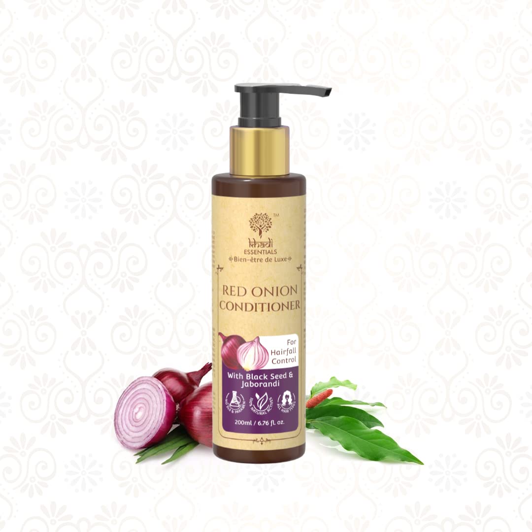 Khadi Essentials Red Onion Hair Conditioner - Hair Fall Control, Dry & Frizzy Hair Treatment with Black Seed Oil, Paraben & Sulphate for Men & Women, 200ml
