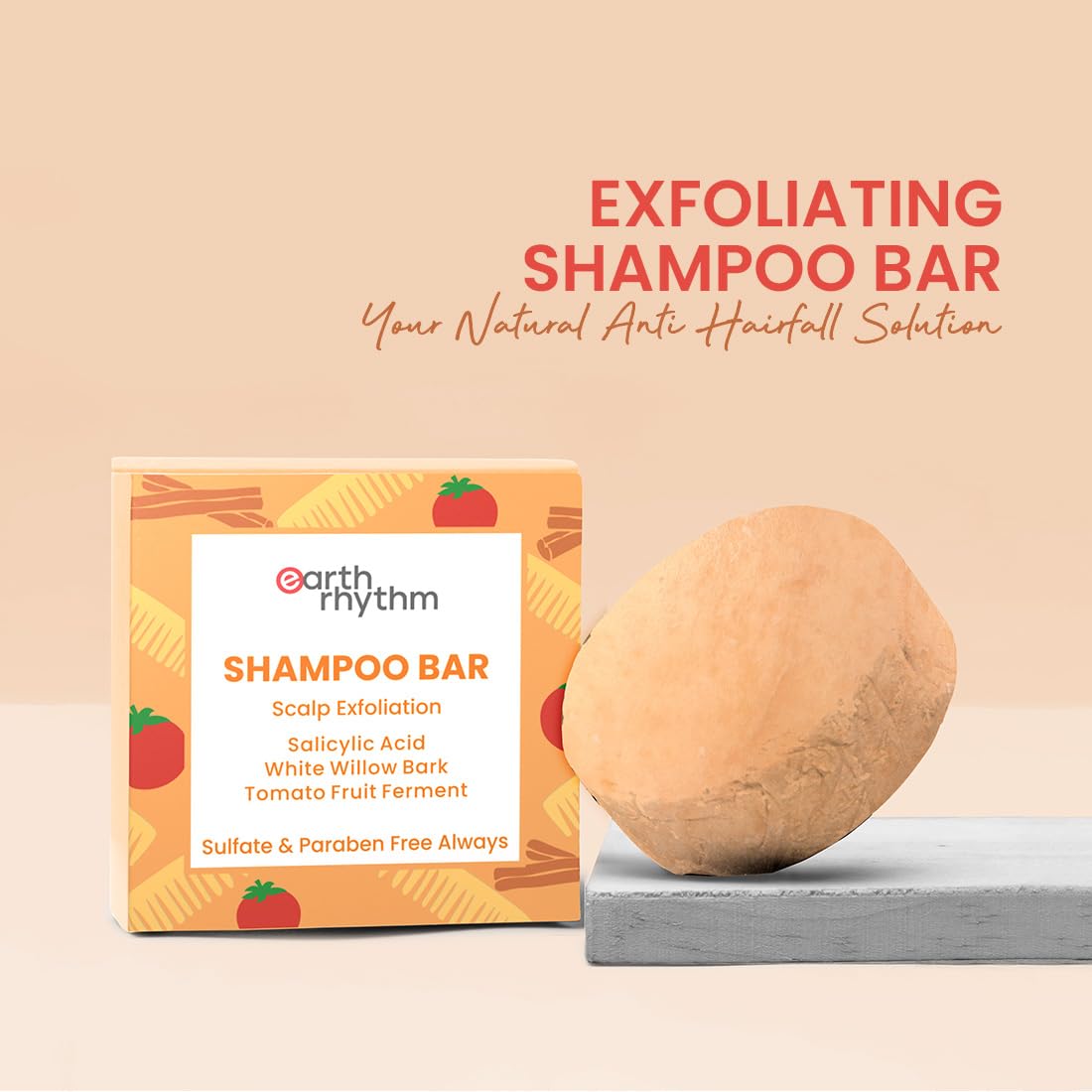 Earth Rhythm Scalp Exfoliating Shampoo Bar With 2% Salicylic Acid, Controls Excess Oil, Soothes Scalp, Reduces Dandruff, Paraben & Sulphate Free, Natural & Eco-Friendly - 80g (Cardboard)
