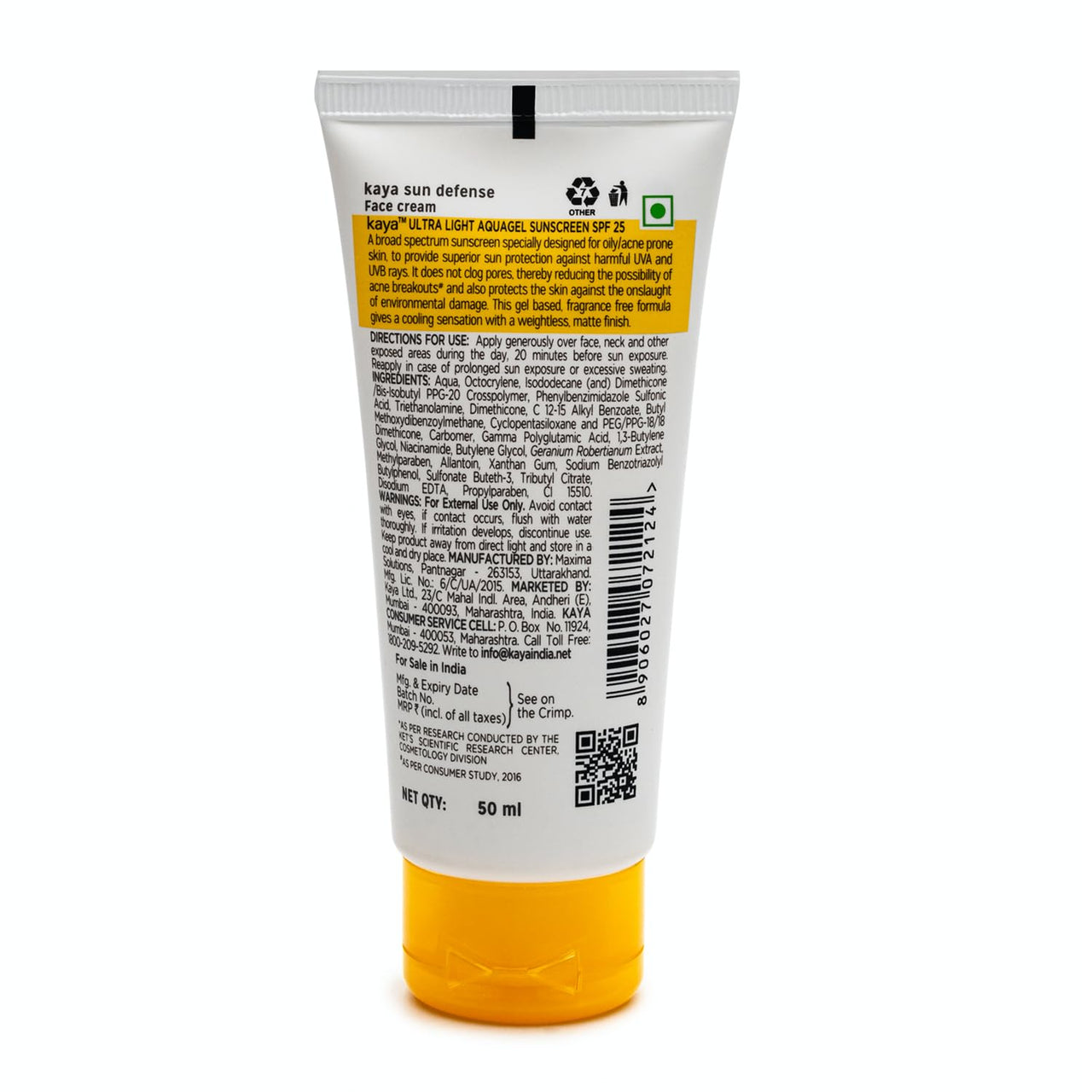 Kaya Clinic Ultra Light Aquagel Sunscreen Gel With SPF25 50ml | Fragrance Free | Non-Greasy | Does Not Clogs Pores | PA++++ | 4 Star Boots Rating | For Oily & Acne Prone Skin