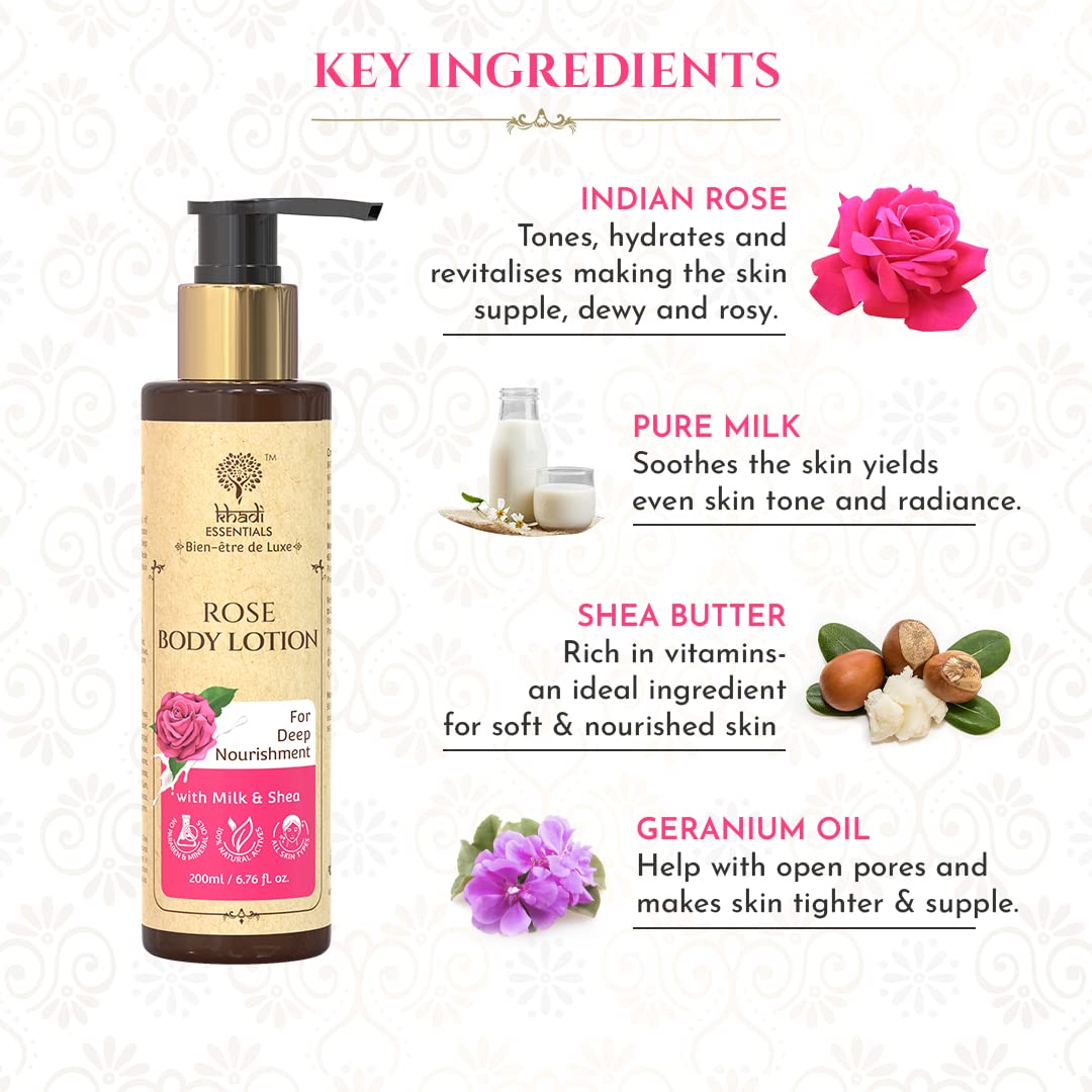 Khadi Essentials Body Lotion for Winter Season with Rose & Shea Butter for Women & Men, Sulphate/Paraben Free Ramani Indian, 200 ml