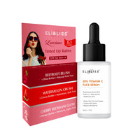 Elibliss Daily Skincare and Lip Care Combo | 20% Vitamin C Face Serum with Niacinamide and Hyaluronic 30ml | 3 in 1 Tinted Lip Balm Set with Beetroot Blush, Watermelon Crush and Cherry Blossom 15g