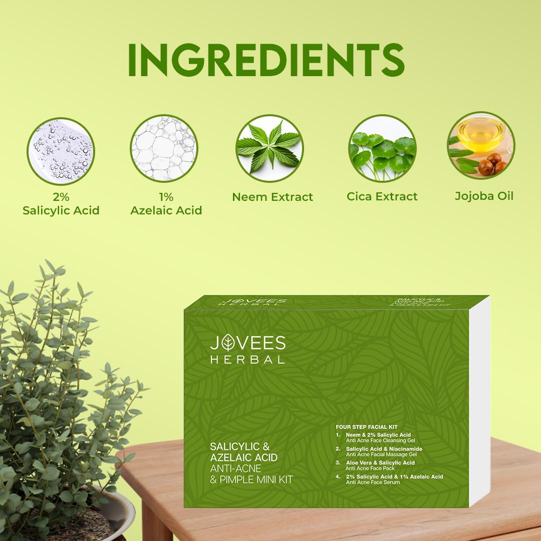 Jovees Herbal Salicylic & Azelaic Acid Anti-Acne & Pimple Mini Facial Kit For Oily & Acne Prone Skin | Easy 4 Step Facial Kit | For Multiple Use | For Men & Women 41g