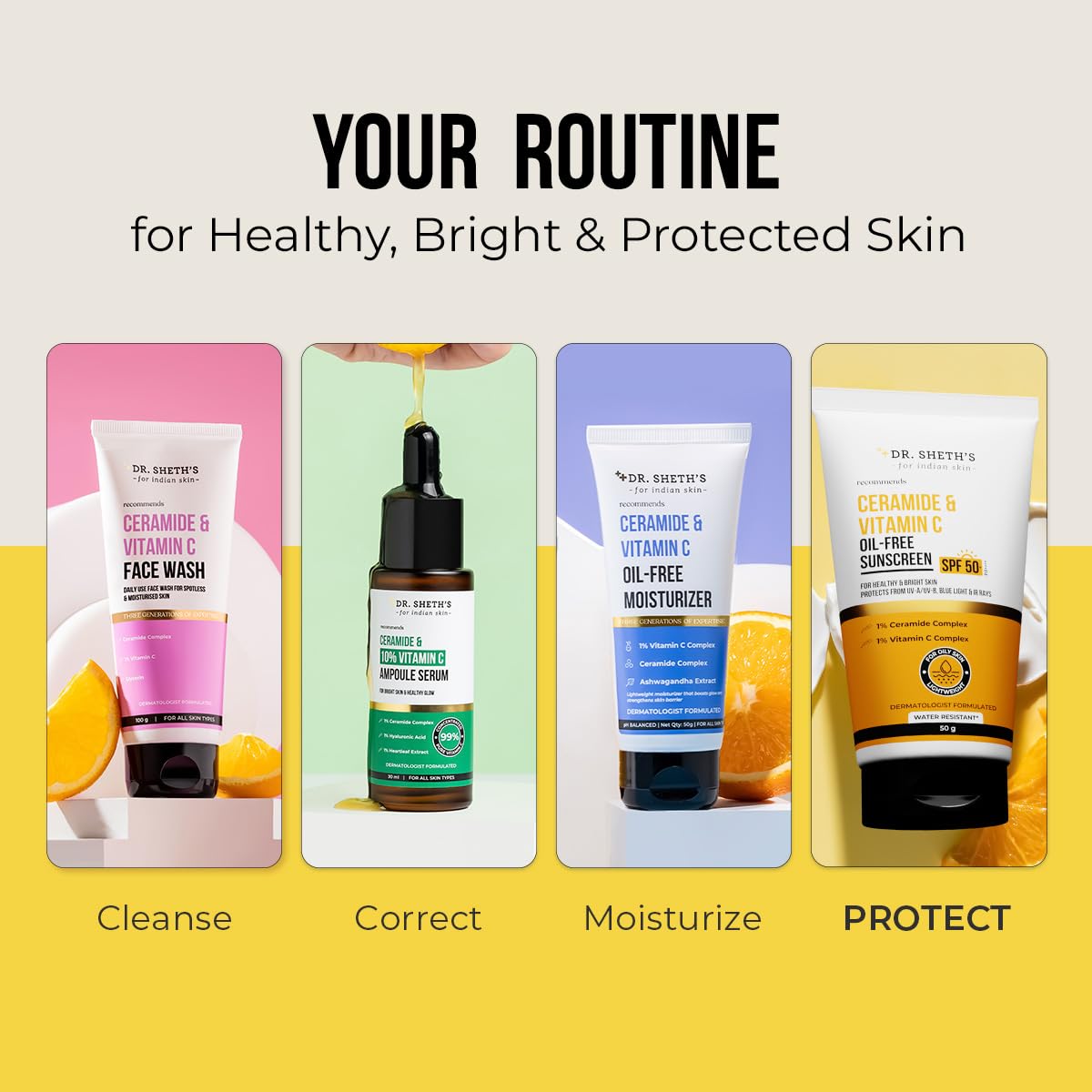 Dr. Sheth's Ceramide & Vitamin C Oil-Free Sunscreen SPF 50+ PA++++ | Clinically Tested- (In -Vivo) | For Healthy & Bright Skin | Lightweight & Non Greasy | For UVA/UVB & Blue Light & IR Protection | No white cast | For Oily Skin | For Men & Women | 50 g