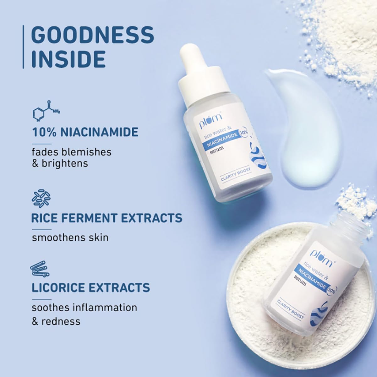 Plum 10% Niacinamide Serum with Rice Water | Provides Clear, Glowing & Brightening Skin | for Acne Prone, Combination, Oily & Sensitive Skin | Oil Control & Anti Acne Face Serum for Women & Men | 30ml