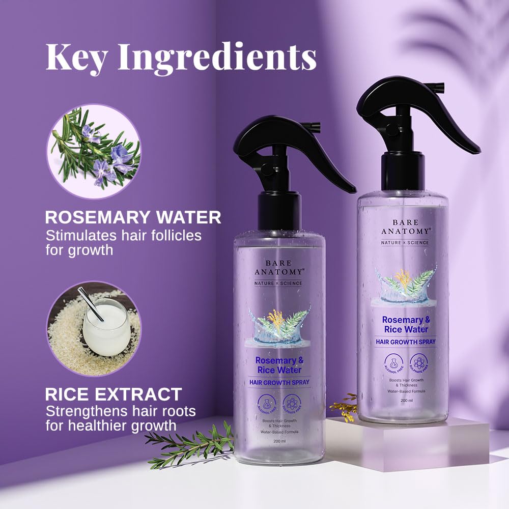 Bare Anatomy Nature x Science Rosemary Water Spray for Hair Growth & Hair Thickness with Rice Water |100% Natural Extract | Soft & Smooth Hair | Controls Hairfall & Adds Shine | Non-Greasy & Fast Absorbing | 200 ml