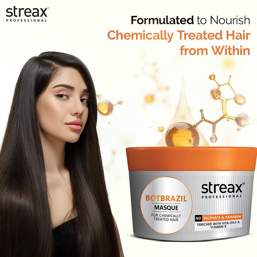 Streax Professional BotBrazil Masque,200 gms for Chemically Treated Hair with Vita Oil Repair Complex, Hydrating Hair Mask for Deep Repair & Nourishment for Keratin, Botox, Colour & Straightened Hair