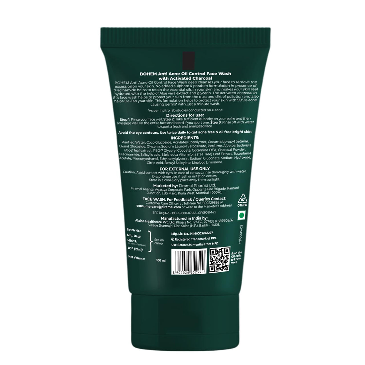 BOHEM Anti Acne Activated Charcoal Face Wash for Oily & Acne Prone Skin | 100ml x 2 | Tea Tree Extract & Vitamin E for Oil Free Pollution Defense, De Tan & Detox | Facewash for Men | All Skin Types
